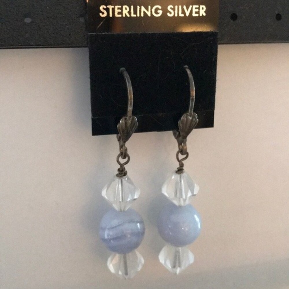 Vintage Handmade Blue Lace Agate Sterling Silver Swarovski Crystal Drop Earrings